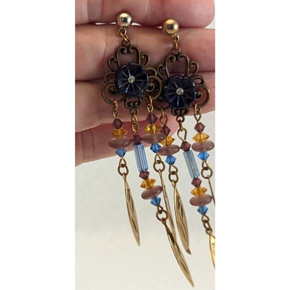 Gold tone Duster Earrings Unusual.Posts Silver Tone Clutch blue amber dusty rose - Picture 8 of 14
